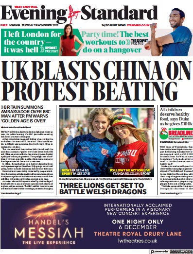 London Evening Standard Newspaper Front Page (UK) for 30 November 2022