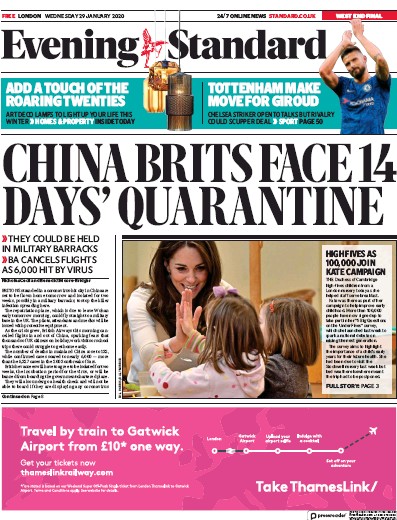 London Evening Standard Newspaper Front Page (UK) for 30 January 2020