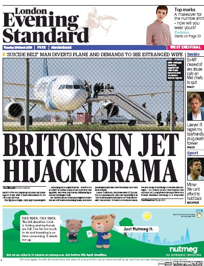 London Evening Standard Newspaper Front Page (UK) for 30 March 2016