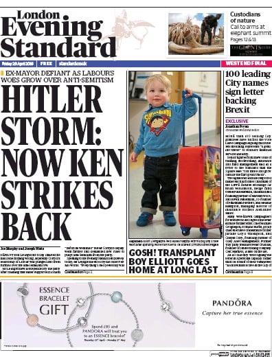 London Evening Standard Newspaper Front Page (UK) for 30 April 2016
