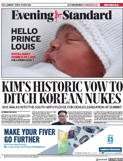 London Evening Standard Newspaper Front Page (UK) for 30 April 2018