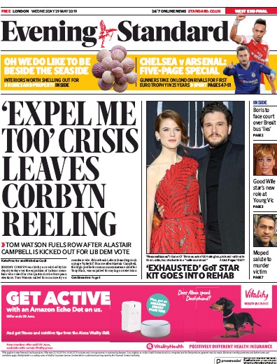 London Evening Standard Newspaper Front Page (UK) for 30 May 2019