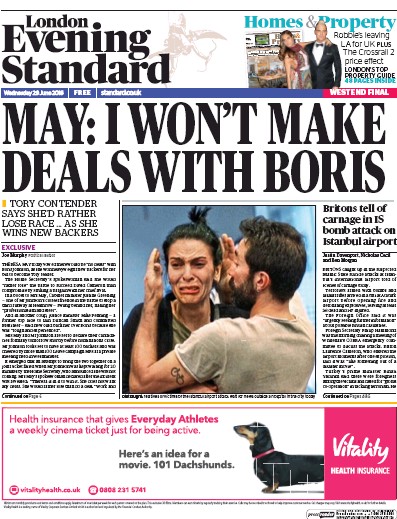 London Evening Standard Newspaper Front Page (UK) for 30 June 2016