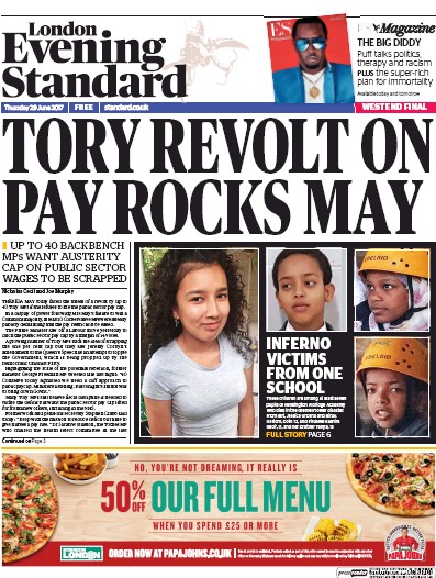 London Evening Standard Newspaper Front Page (UK) for 30 June 2017