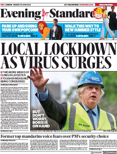 London Evening Standard Newspaper Front Page (UK) for 30 June 2020