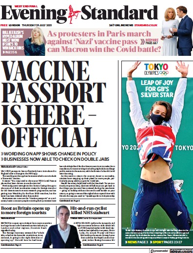 London Evening Standard Newspaper Front Page (UK) for 30 July 2021