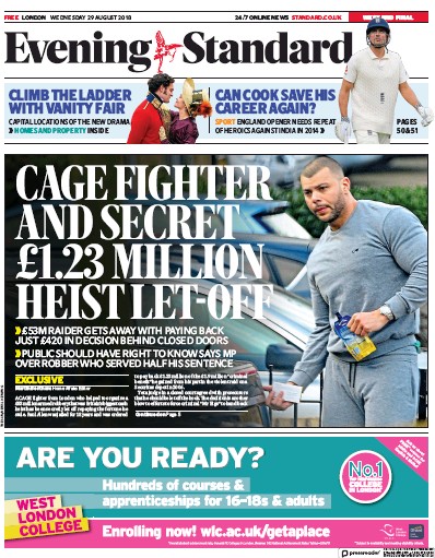 London Evening Standard Newspaper Front Page (UK) for 30 August 2018