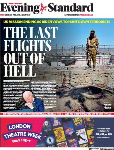 London Evening Standard Newspaper Front Page (UK) for 30 August 2021