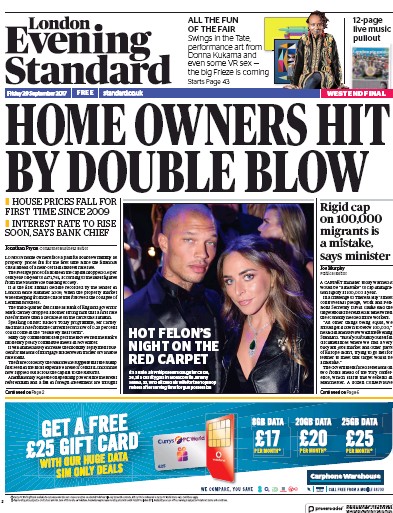 London Evening Standard Newspaper Front Page (UK) for 30 September 2017