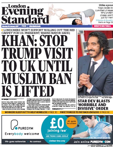 London Evening Standard Newspaper Front Page (UK) for 31 January 2017