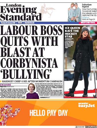 London Evening Standard Newspaper Front Page (UK) for 31 January 2018