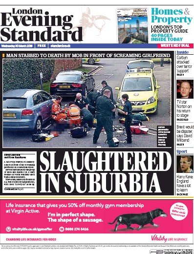London Evening Standard Newspaper Front Page (UK) for 31 March 2016