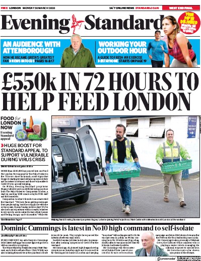 London Evening Standard Newspaper Front Page (UK) for 31 March 2020
