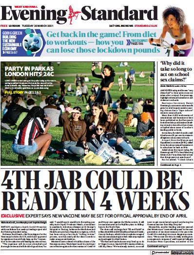 London Evening Standard Newspaper Front Page (UK) for 31 March 2021