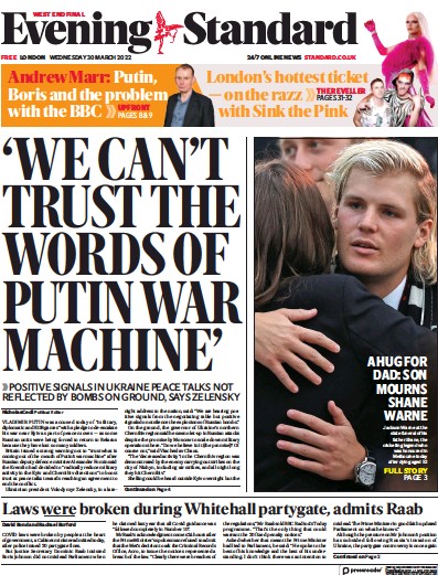 London Evening Standard Newspaper Front Page (UK) for 31 March 2022