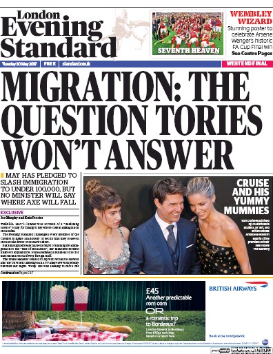 London Evening Standard Newspaper Front Page (UK) for 31 May 2017