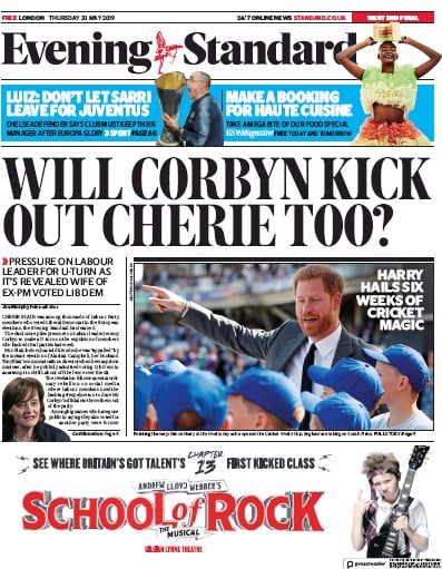 London Evening Standard Newspaper Front Page (UK) for 31 May 2019