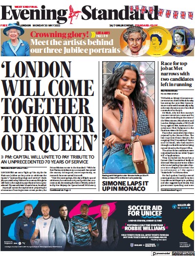 London Evening Standard Newspaper Front Page (UK) for 31 May 2022