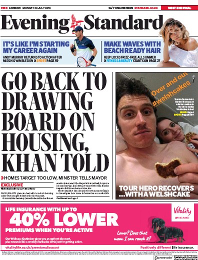London Evening Standard Newspaper Front Page (UK) for 31 July 2018