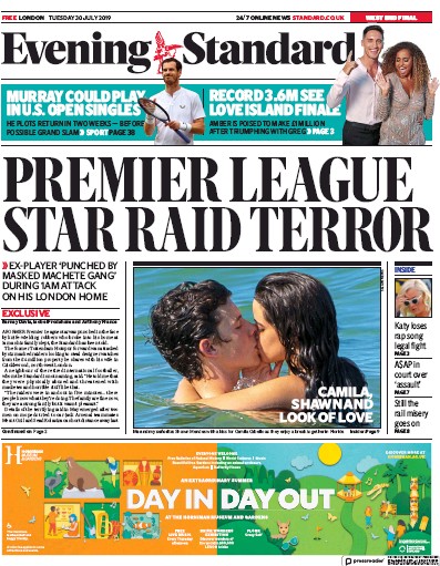 London Evening Standard Newspaper Front Page (UK) for 31 July 2019