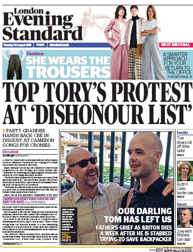 London Evening Standard Newspaper Front Page (UK) for 31 August 2016