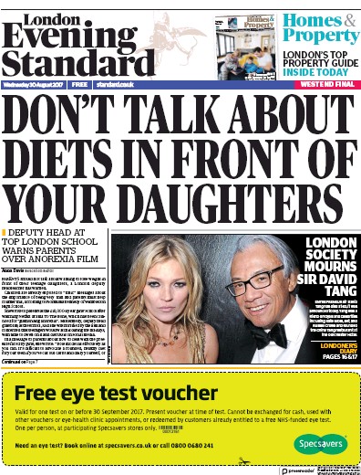 London Evening Standard Newspaper Front Page (UK) for 31 August 2017