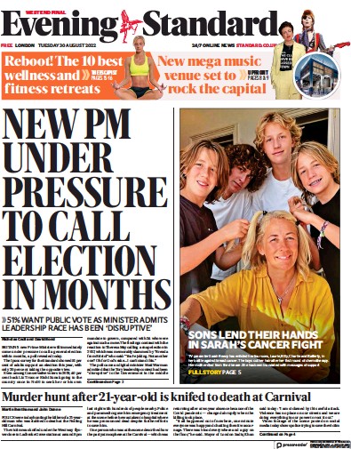 London Evening Standard Newspaper Front Page (UK) for 31 August 2022