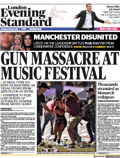 London Evening Standard Newspaper Front Page (UK) for 3 October 2017
