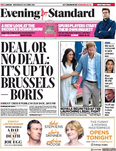 London Evening Standard Newspaper Front Page (UK) for 3 October 2019