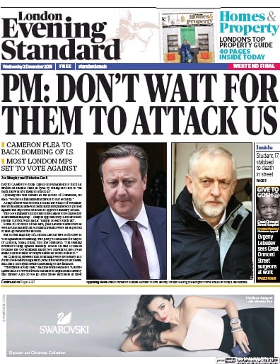 London Evening Standard Newspaper Front Page (UK) for 3 December 2015