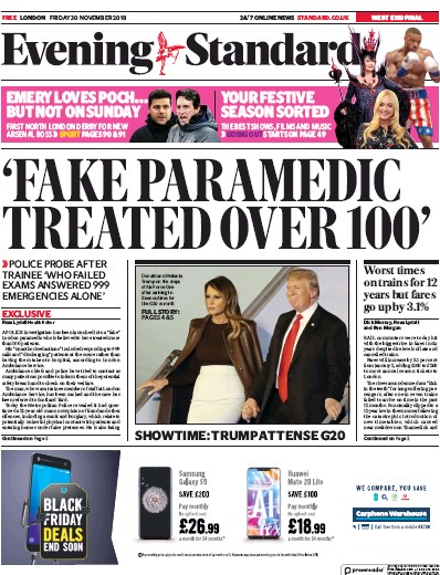 London Evening Standard Newspaper Front Page (UK) for 3 December 2018