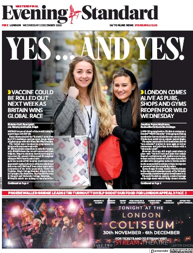 London Evening Standard Newspaper Front Page (UK) for 3 December 2020