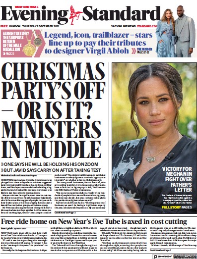 London Evening Standard Newspaper Front Page (UK) for 3 December 2021