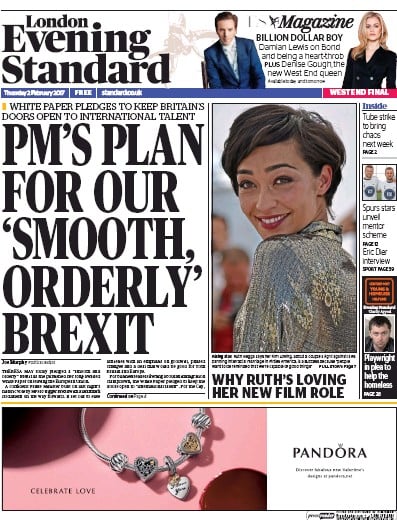 London Evening Standard Newspaper Front Page (UK) for 3 February 2017