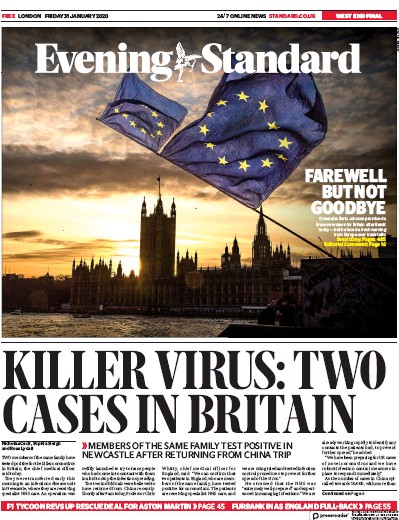 London Evening Standard Newspaper Front Page (UK) for 3 February 2020