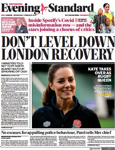 London Evening Standard Newspaper Front Page (UK) for 3 February 2022