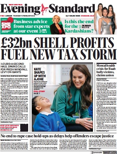 London Evening Standard Newspaper Front Page (UK) for 3 February 2023