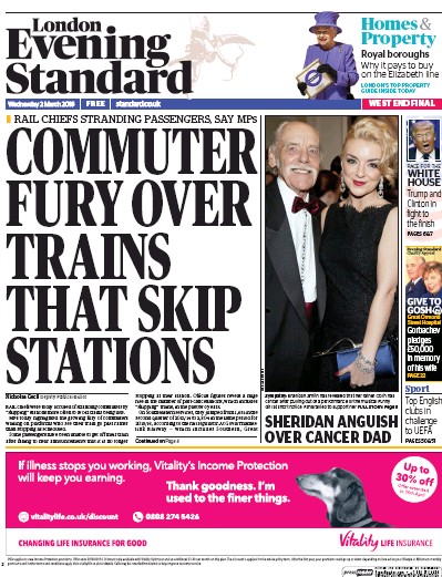 London Evening Standard Newspaper Front Page (UK) for 3 March 2016
