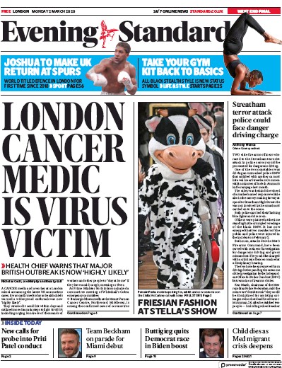 London Evening Standard Newspaper Front Page (UK) for 3 March 2020