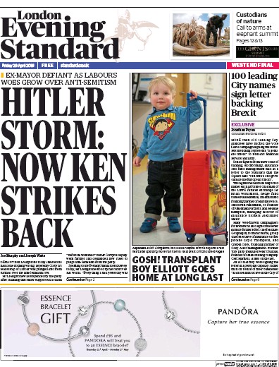 London Evening Standard Newspaper Front Page (UK) for 3 May 2016