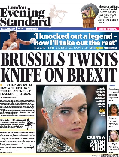 London Evening Standard Newspaper Front Page (UK) for 3 May 2017