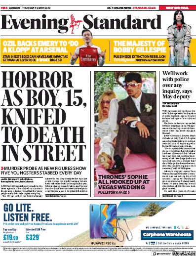 London Evening Standard Newspaper Front Page (UK) for 3 May 2019