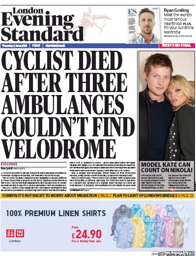 London Evening Standard Newspaper Front Page (UK) for 3 June 2016