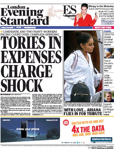 London Evening Standard Newspaper Front Page (UK) for 3 June 2017