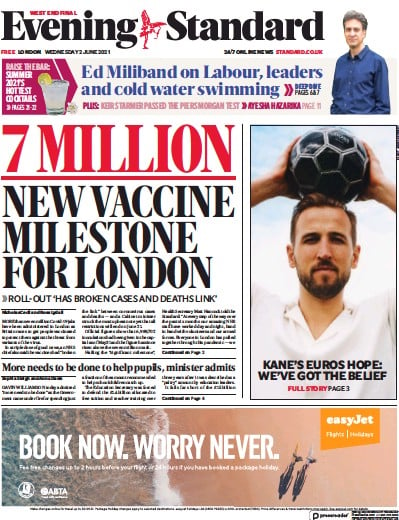 London Evening Standard Newspaper Front Page (UK) for 3 June 2021