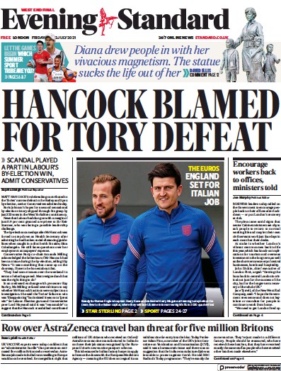 London Evening Standard Newspaper Front Page (UK) for 3 July 2021