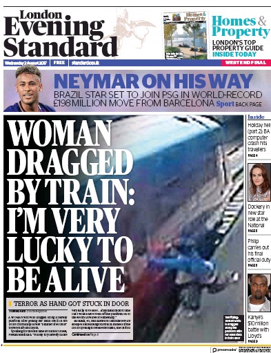 London Evening Standard Newspaper Front Page (UK) for 3 August 2017