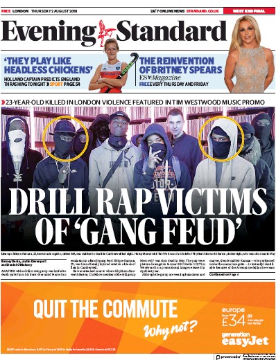 London Evening Standard Newspaper Front Page (UK) for 3 August 2018