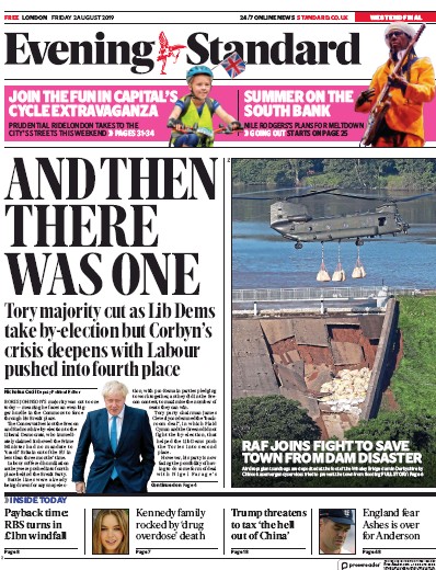London Evening Standard Newspaper Front Page (UK) for 3 August 2019