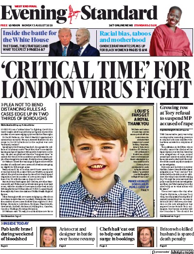 London Evening Standard Newspaper Front Page (UK) for 3 August 2020